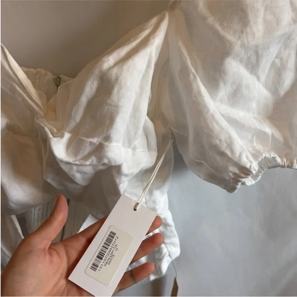 New! Reformation Karina White Twist-Front Linen Puff Sleeve Blouse - Picture 5 of 7